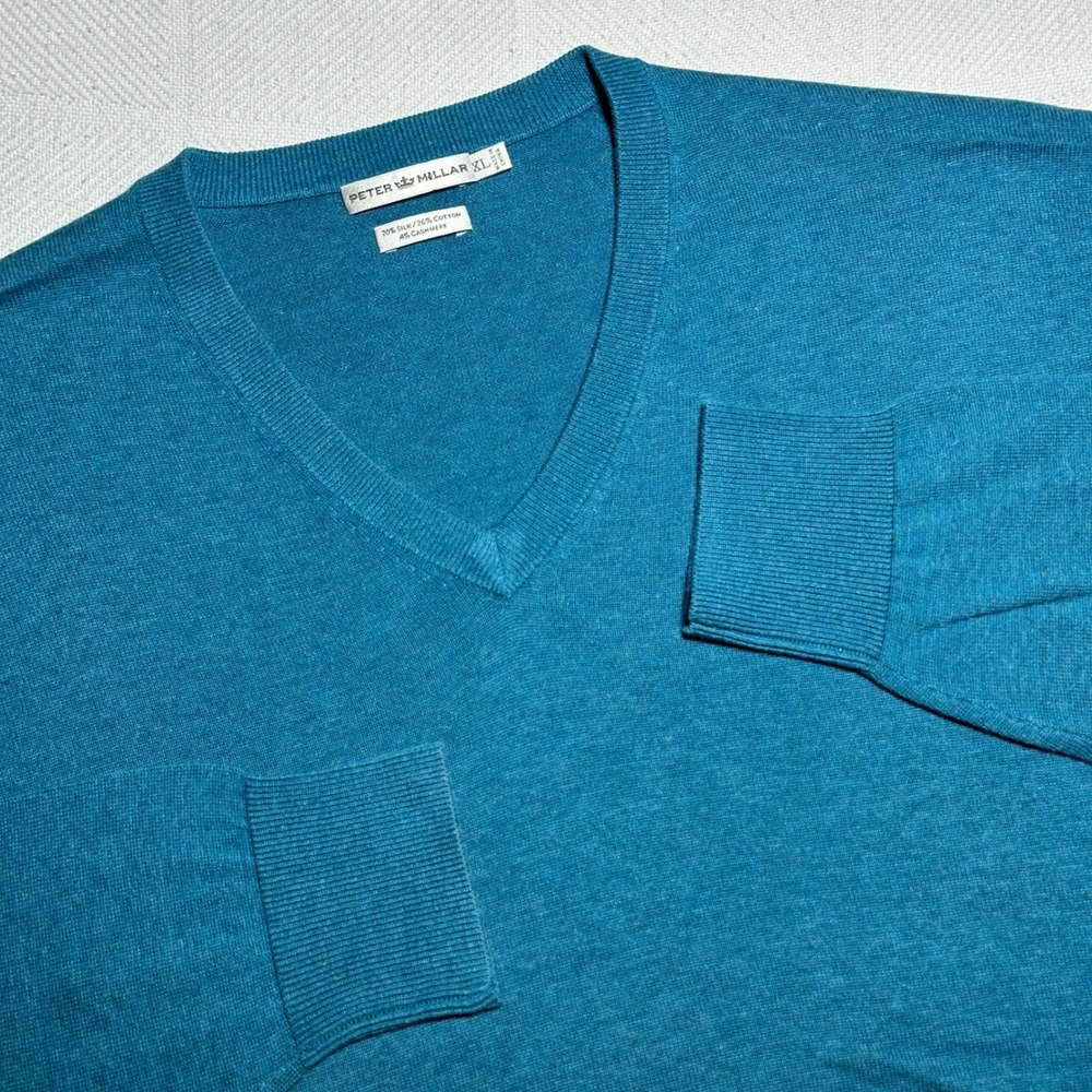 Peter Millar Sweater Mens XL Silk Cotton Cashmere Blend Teal Blue V-Neck Preppy